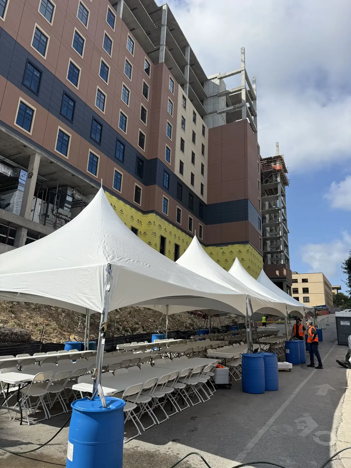 Frame tent at an active construction site
