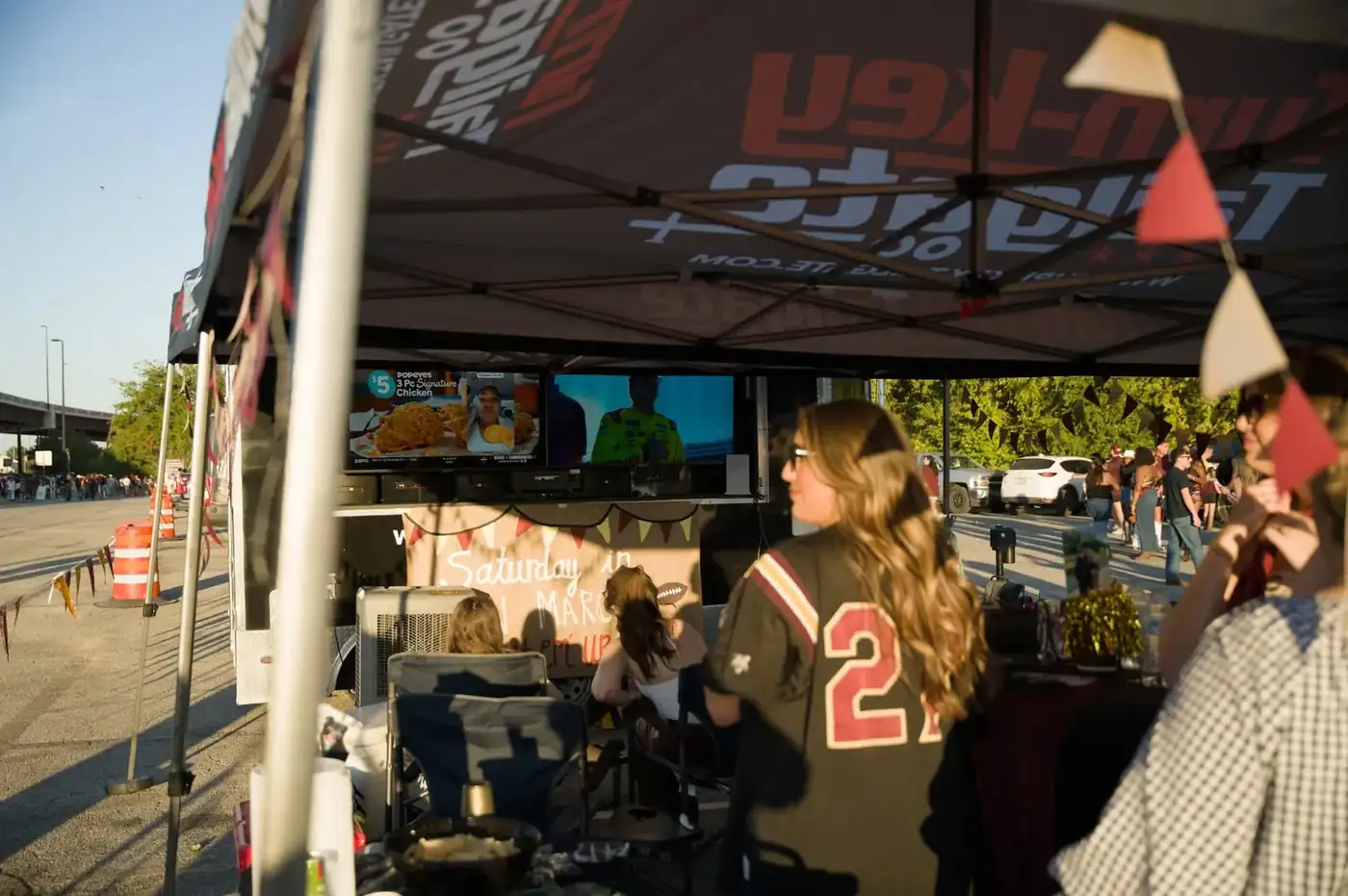 Crowd at a Texas State tailgate setup